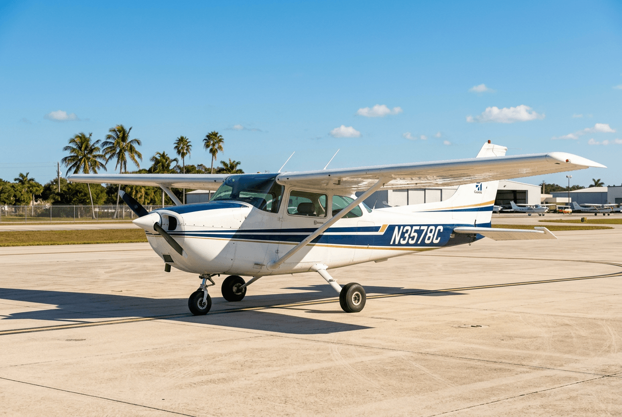White Cessna 172S trainer parked on a sunlit ramp under a blue sky