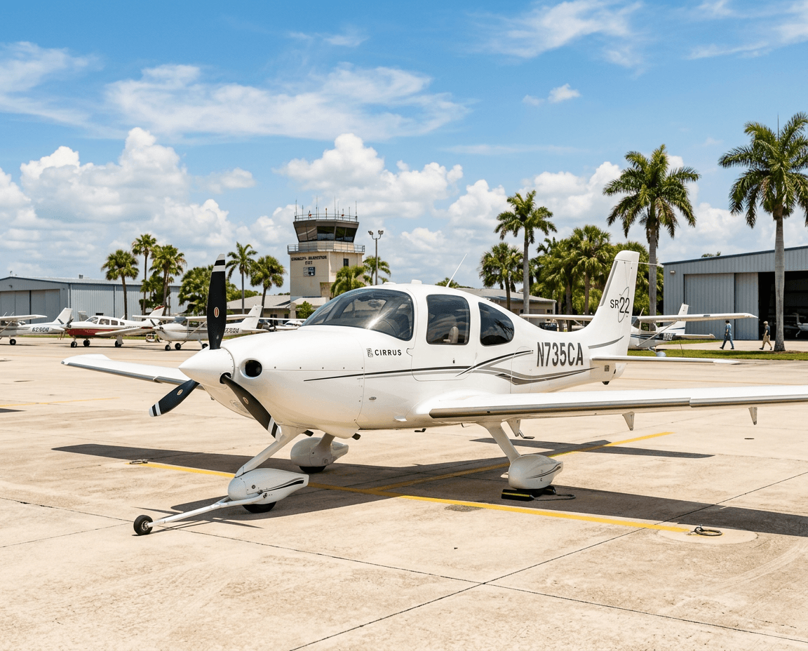 White Cirrus SR22 parked on a sunny Florida ramp
