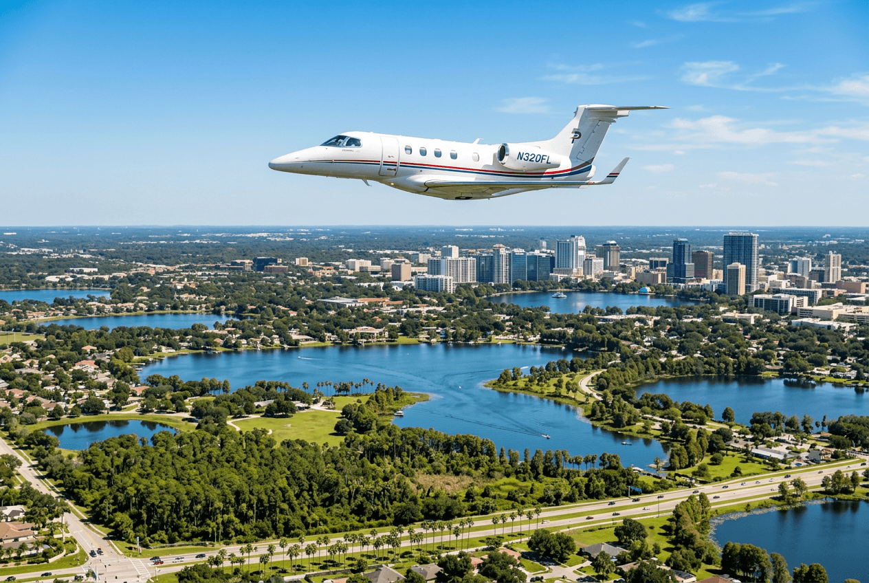 Light business jet flying over the lakes and skyline of Orlando, Florida