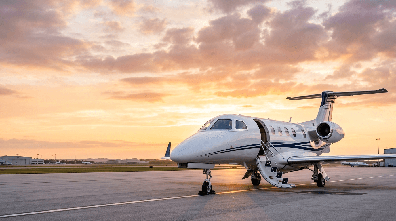 A private jet with its air stairs lowered on a ramp at sunset