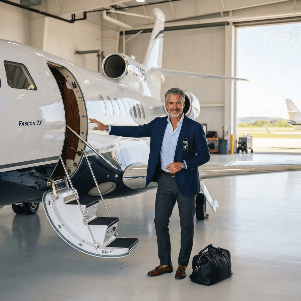An aircraft owner beside a private airplane in a bright hangar