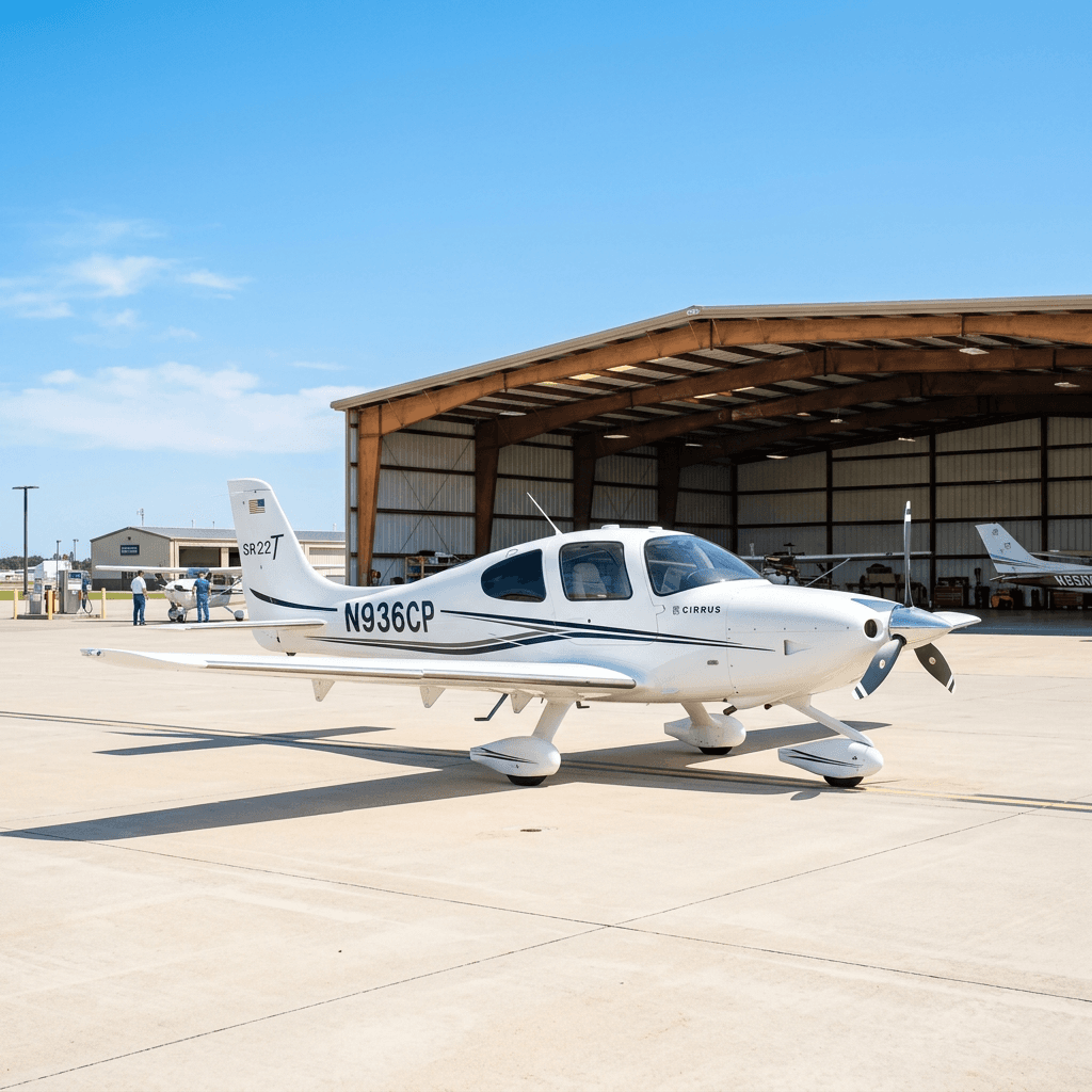 A light aircraft parked on a sunny ramp outside a hangar