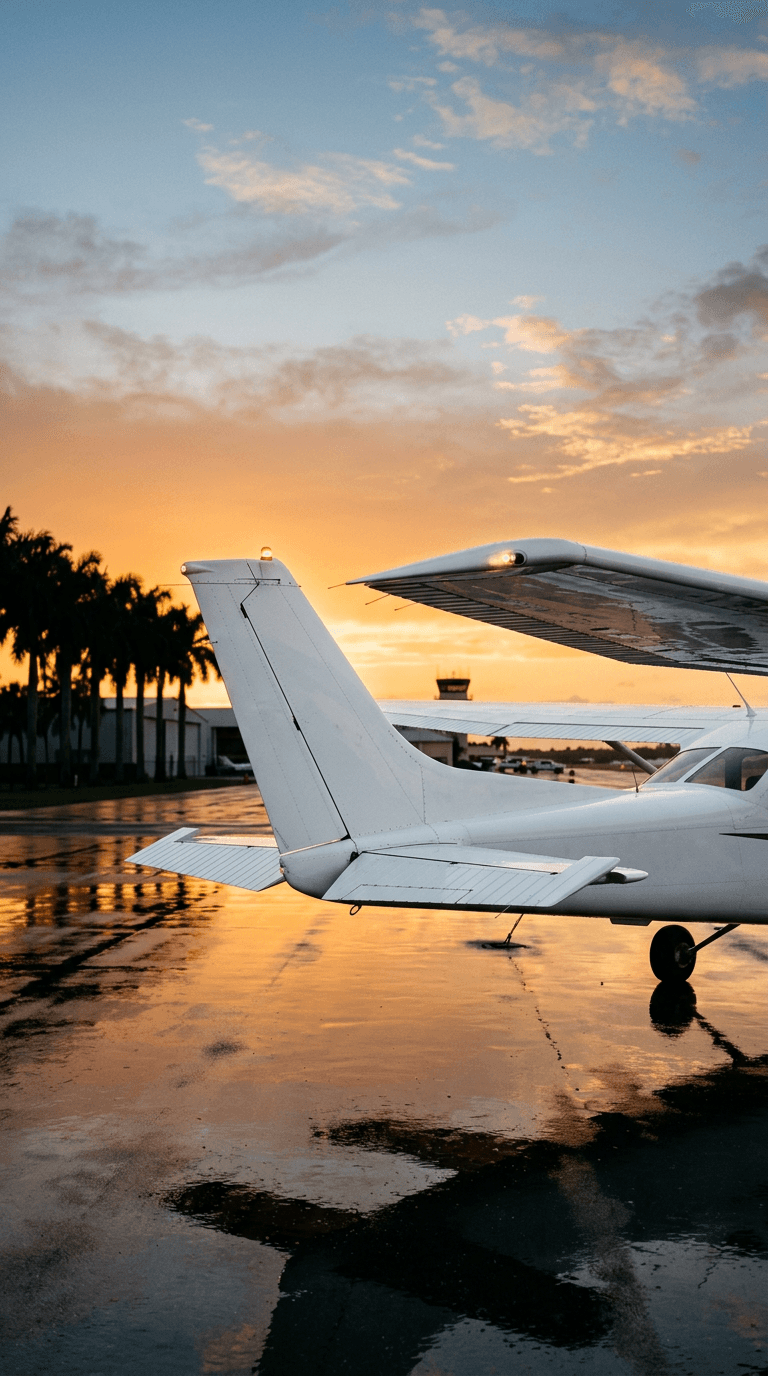 An aircraft wing at sunset beside palm trees