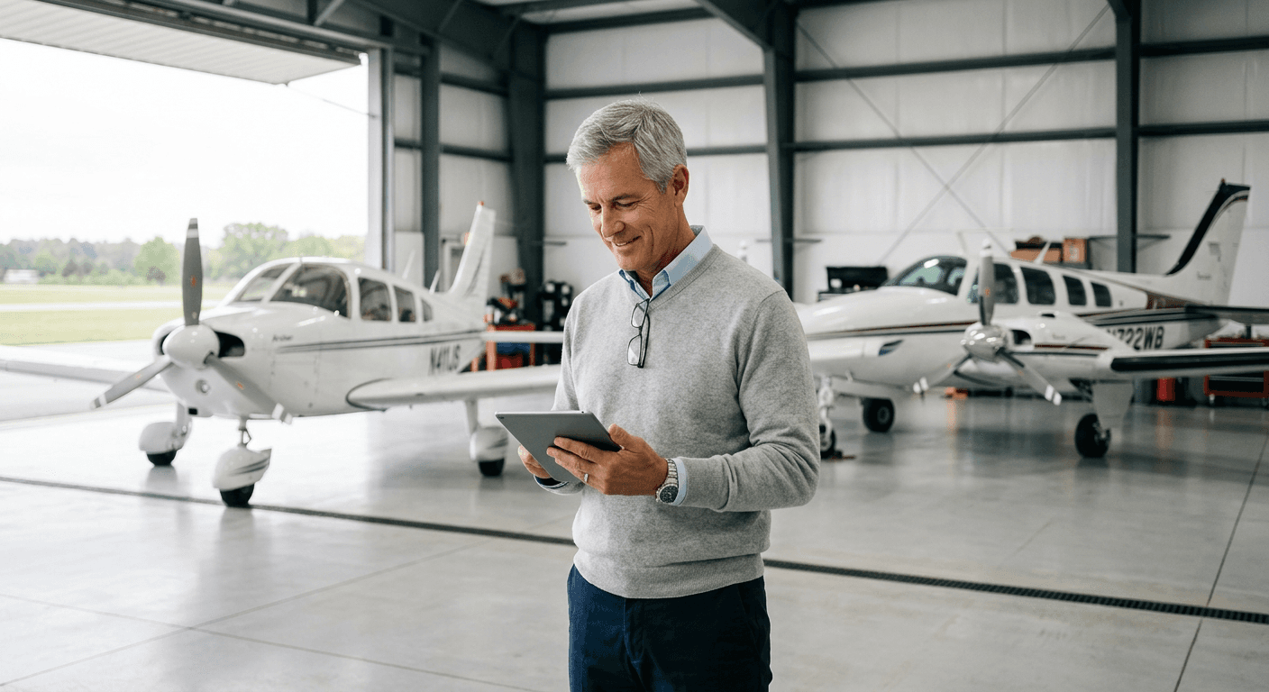 An aircraft owner checking a tablet in his hangar
