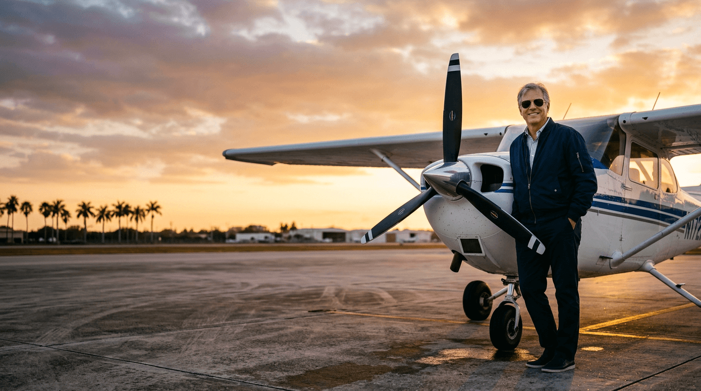 An aircraft owner standing beside his airplane's propeller at sunset