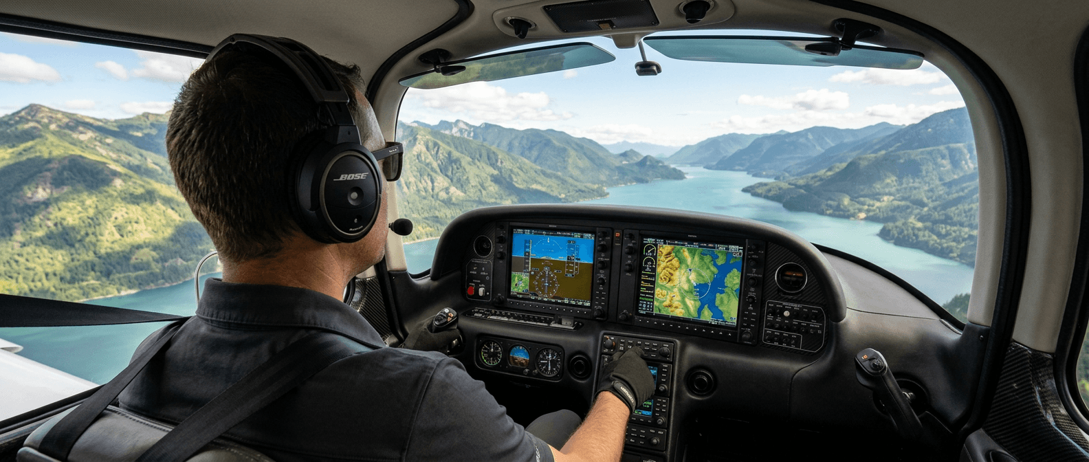 A pilot flying over mountains seen from inside the cockpit