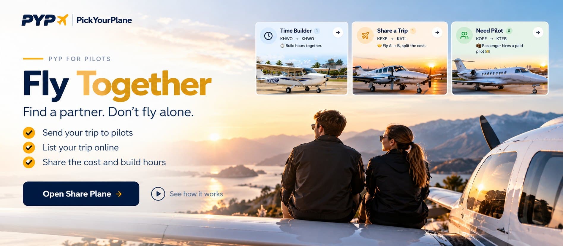 Fly Together. Find a partner. Don't fly alone. Send your trip to pilots, list your trip online, share the cost and build hours. Open Share Plane.