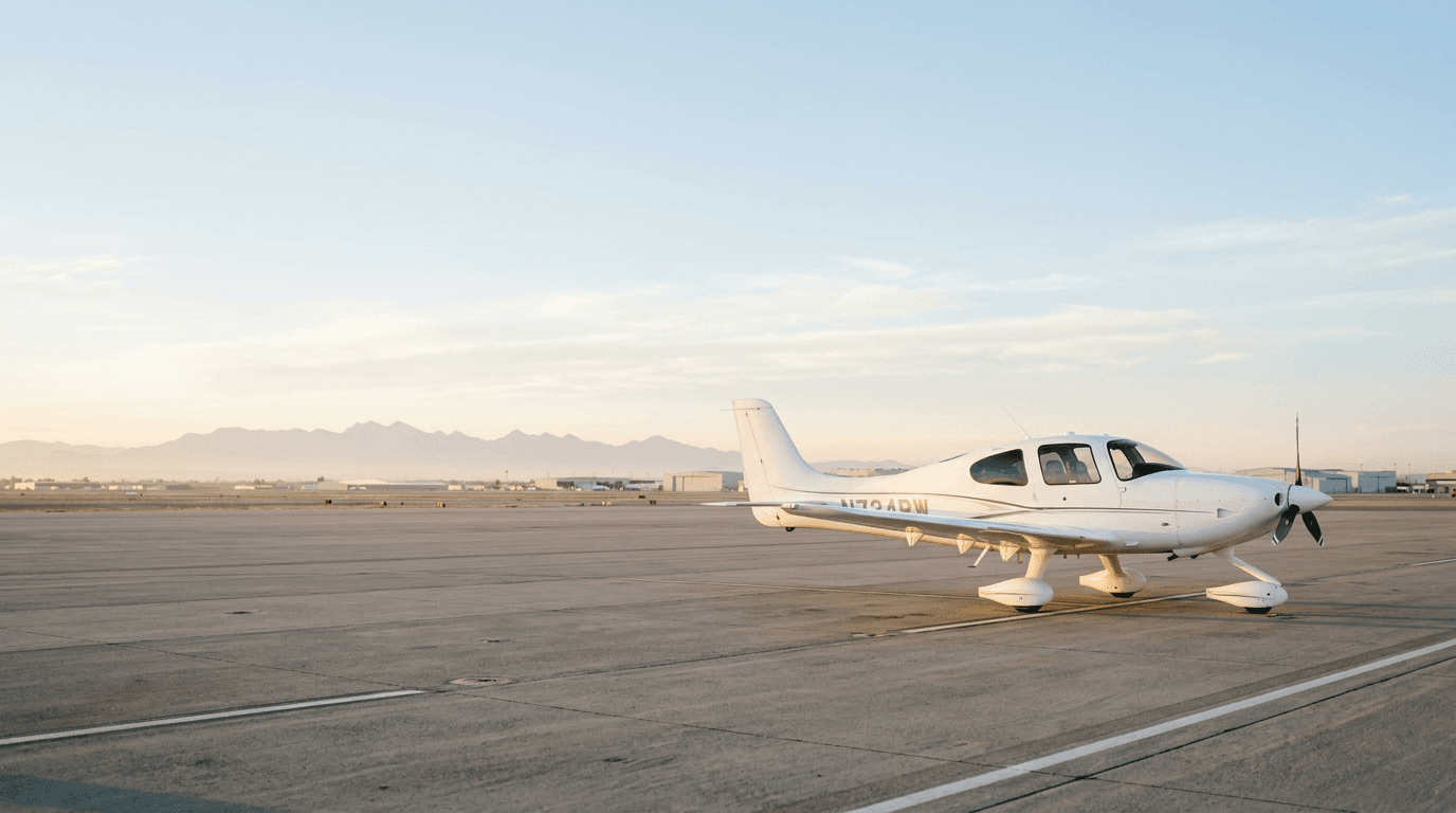 A single-engine aircraft on a quiet ramp at sunrise