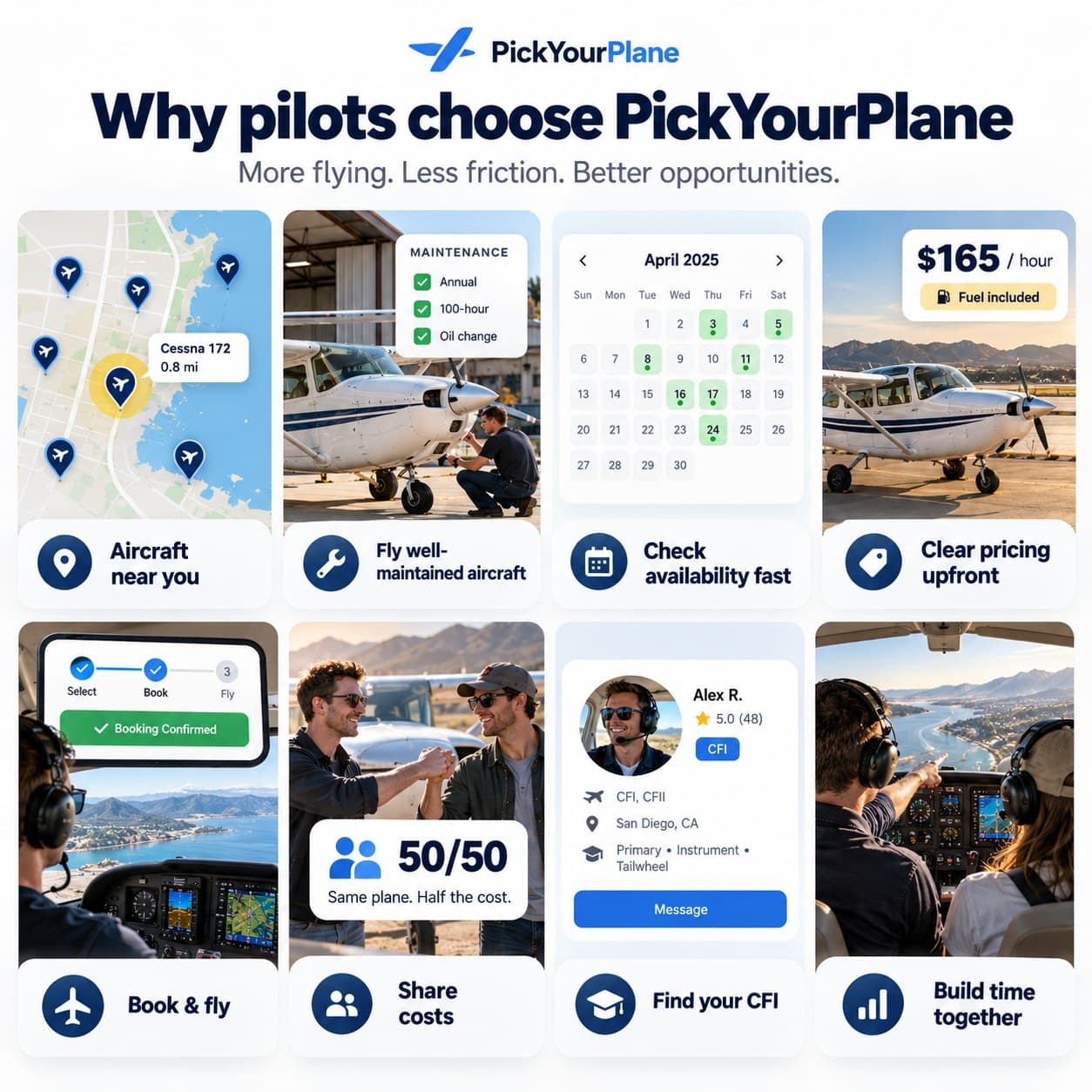 Why pilots choose PickYourPlane: aircraft near you, fly well-maintained aircraft, check availability fast, clear pricing upfront, book and fly, share costs, find your CFI, build time together.