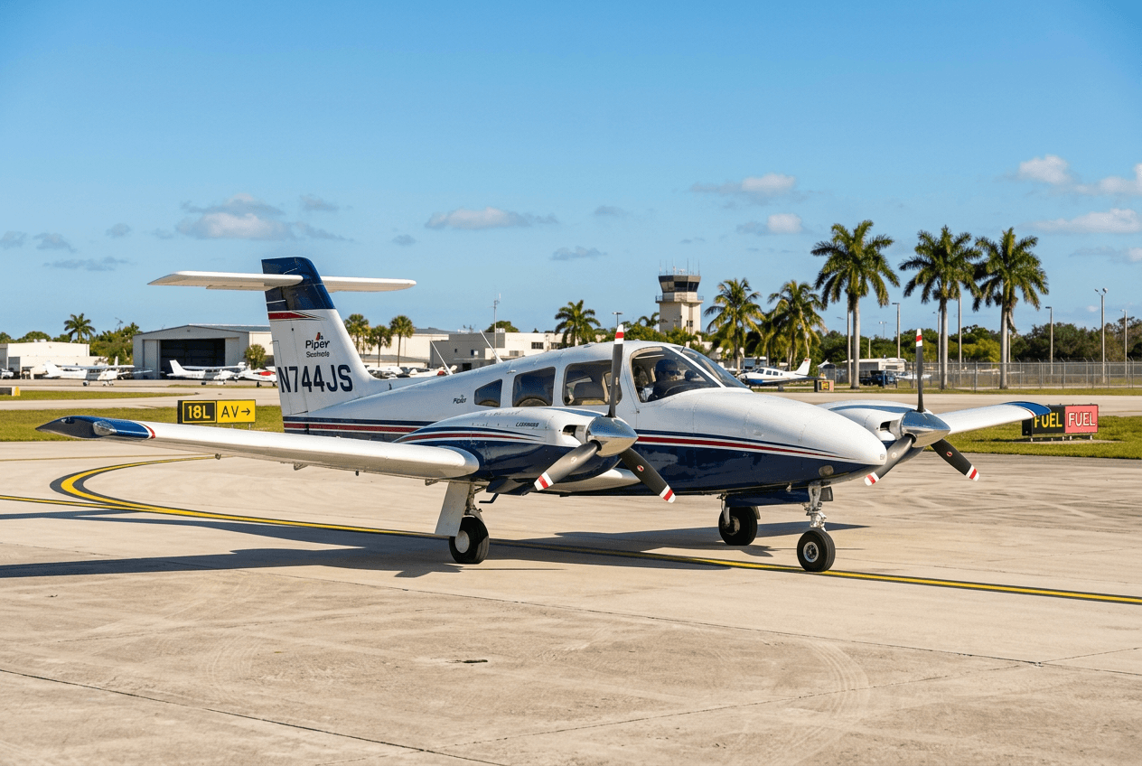 Piper Seminole twin-engine aircraft on a bright Florida ramp