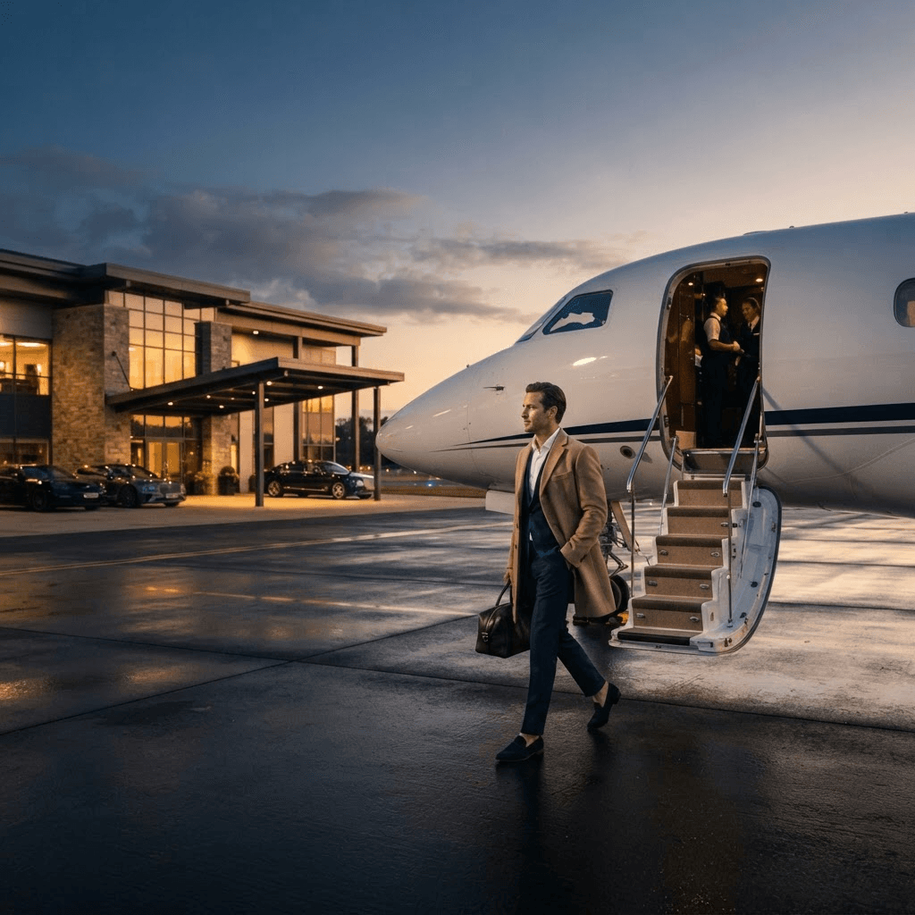 A traveler walking toward an aircraft at a private terminal